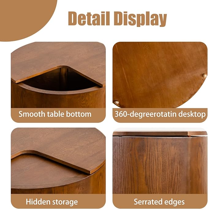 Mid - Century Modern Round Drum Coffee Table with 360° Rotating Desktop & Storage, 27.16" Walnut Small Center Table for Living Room & Home Small Spaces (Brown 27.16)