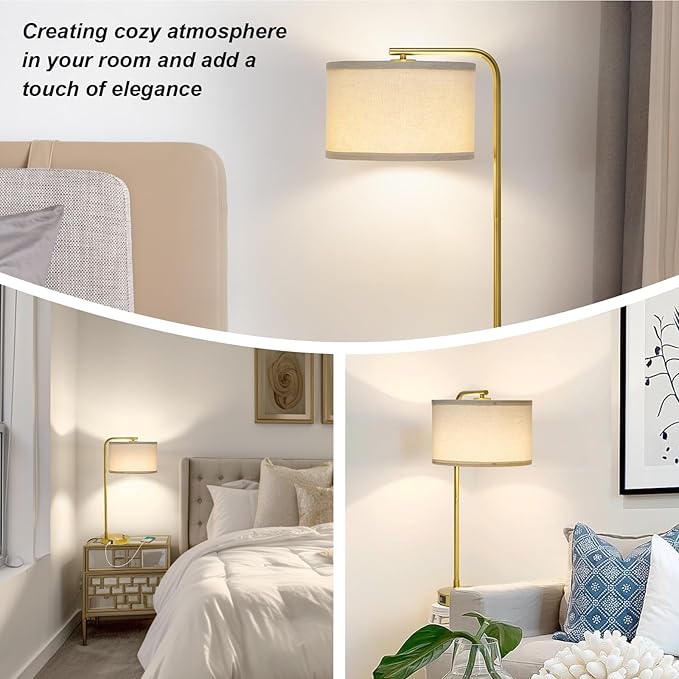 Fully Dimmable Bedside Lamp with C+A USB Ports, Mordern Gold Nightstand Lamp Desk Reading Lamp with Beige Drum Shade, Tall Side Table Lamp for Living Room Bedroom Office, 9W LED Bulb Included