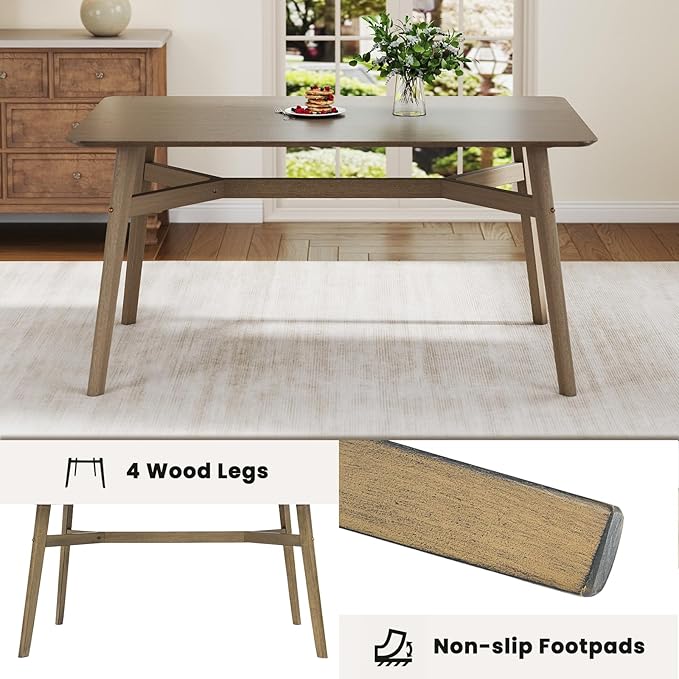 VESCASA 59" L Wood Rectangle Dining Table for 4, Rectangle Kitchen Table for 6 with 4 Solid Wood Legs for Dining Room, Kitchen, Restaurant, Smokey Taupe