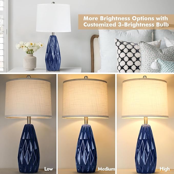 25'' Table Lamp Navy Blue Table Lamps Modern Ceramic Lamps for Night Stand - Dimmable Bedside Lamps for Nightstand, Bedroom Lamp for Living Room Desk End Table Office Guest Room