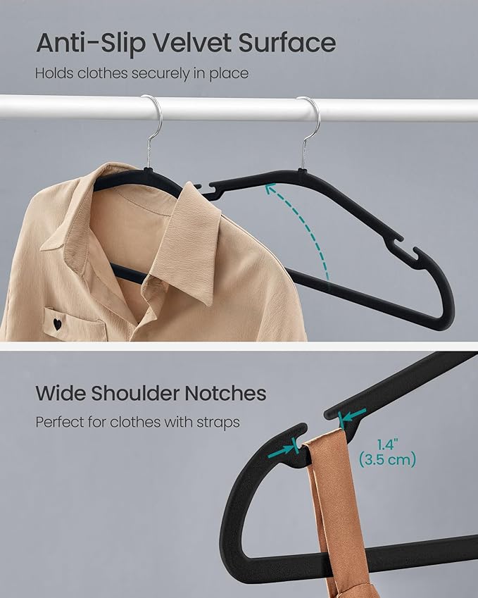SONGMICS Velvet Hangers 50 Pack, Non-Slip Clothes Hangers, 17 x 8.3 Inches, Coat Hangers with Wide Shoulder Notches, Pants Bar, 360° Swivel Hook, Space-Saving, for Closet, Ink Black UCRF039B03