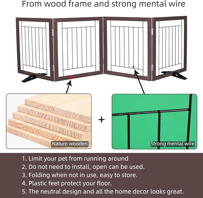 ZJSF Freestanding Dog Gate Indoor, Foldable Dog Fence for Doorways,Hallways or Stairs, Sturdy Wood Extra Wide Pet Gate with Support Feet,Brown,32 "Height-4 Panels
