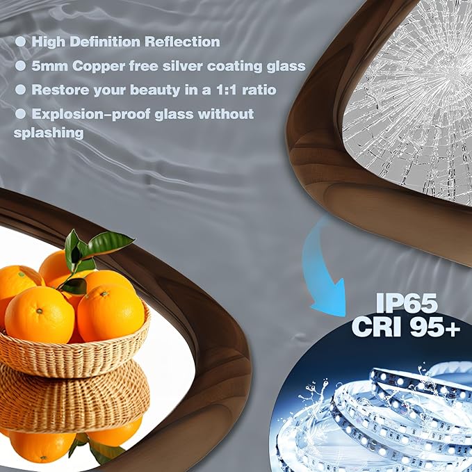 Wood Framed Led Mirror for Bathroom, 35"x24" Irregular Vanity Mirror with Lights, Anti-Fog Backlit Mirror with 3 Colors Dimmable, Memory Function, CRI95+, Horizontal/Vertical, Walnut