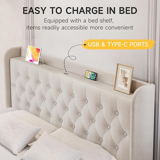 koorlian King Bed Frame, Velvet Adjustable Upholstered Platform Bed Frame with Type-C&USB Ports, Wingback Storage Headboard, Noiseless, Beige