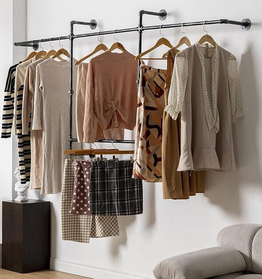 Industrial Pipe Clothing Rack, Hanging Garment Rack, Wall Mounted Pipe Clothes Rack with Four Hanging Rods, Heavy Duty Garment Rack, Industrial Steampunk Closet Organizer Hall Tree (Metal Pipes-Black)