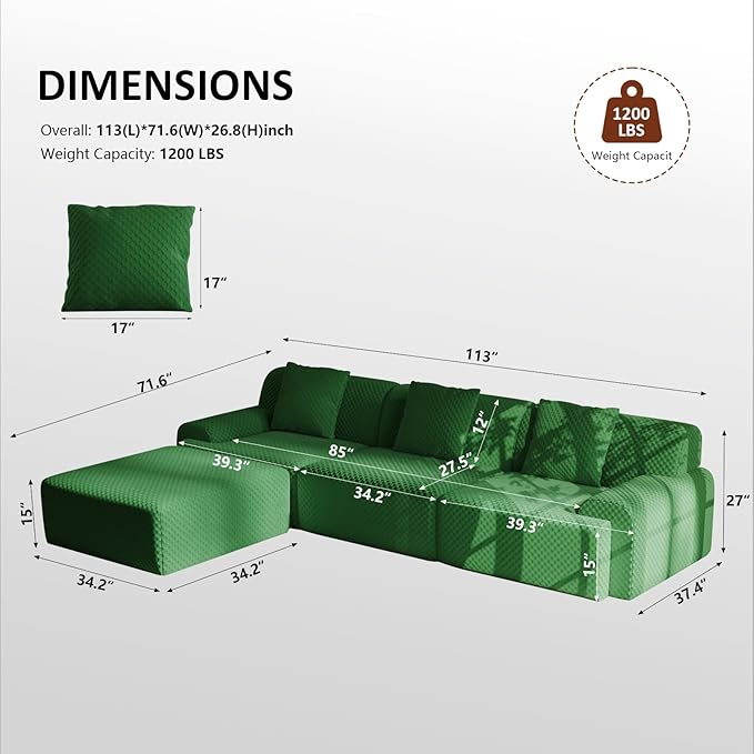 113" Modular Sectional Sofa Upholstered 3-Seater Sofa with Movable Ottoman, Oversized 4-Seater Couch with 3 Throw Pillows High-Density Foam No Assembly Free Combinations