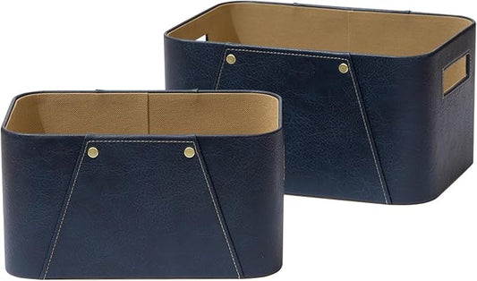 La Jolie Maison Storage Baskets for Organizing, 2 Pack, Luxury Vegan Leather Storage Cube Boxes for Closet Shelf Cabinet Bookcase, Navy Blue