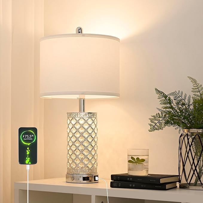 Crystal Table Lamps Set of 2, 3-Way Dimmable Bedside Lamp with 2 USB Ports & AC Outlets for Living Room Bedroom Nightstand Lamp Night Light (Silver- 2 Pack 24In)