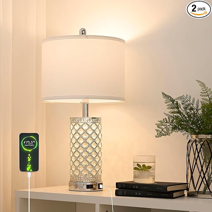 Modern Crystal Table Lamp - 24in Silver Bedroom Lamps 3-Way Dimmable Touch Lamp with Night Light, 2 USB Ports + AC Outlet, Bedside Night Stand Lamp for Living Room Office (Silver- 1 Pack 24In)