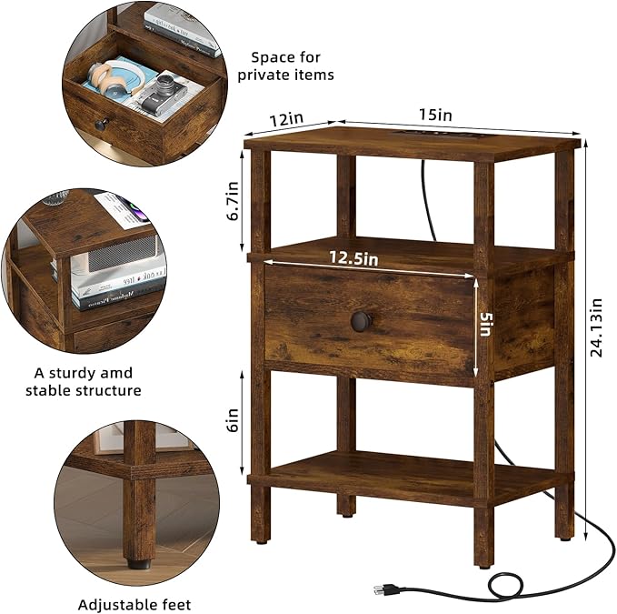 Lerliuo Nightstand Set of 2 with Charging Station and USB Ports, 3-Tier Storage End Table with Drawer Shelf, Night Stand for Small Spaces, Wood Bedside Table for Living Room, Bedroom-Brown