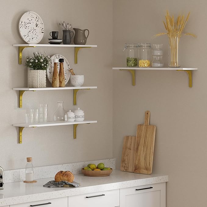 DINZI LVJ Long Wall Shelves, 31.5" Wall Mounted Shelves Set of 4, Large Floating Shelves with Metal Brackets, for Living Room, Bathroom, Bedroom, Kitchen, White and Gold