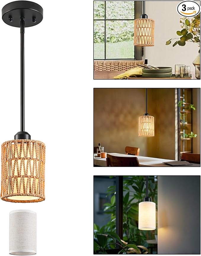Pendant Light Boho Hanging Lamp - Rattan & Linen 2-in-1 Shade, Adjustable Hanging Lights Fixture for Kitchen Island, Dining Room, Farmhouse, Bedroom (2 Pack)