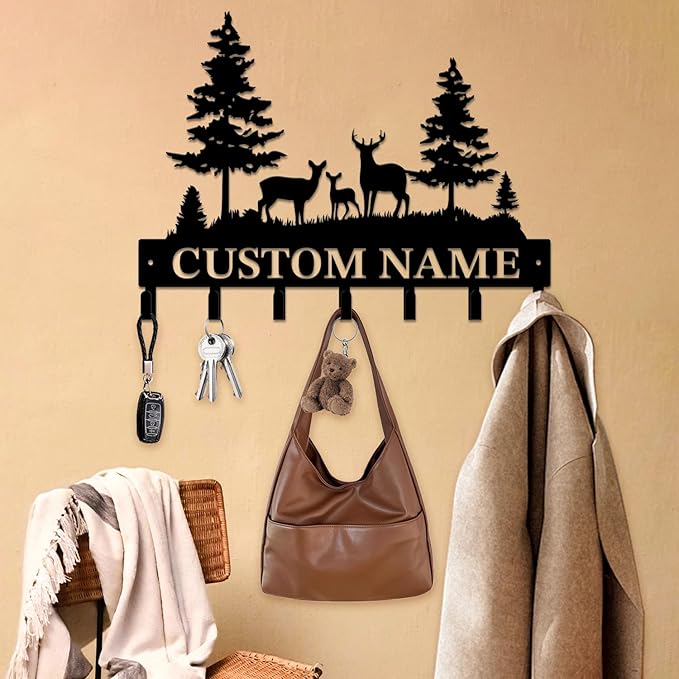 Personalized Custom Name Forest Deer Wall Keys Hooks,Metal Forest Deer Art Clothes Hooks,Metal Forest Deer Wall Home Storage Decorative,For Front Door, Hallway, Kitchen, Bedroom,Keys,Hats (Style I)