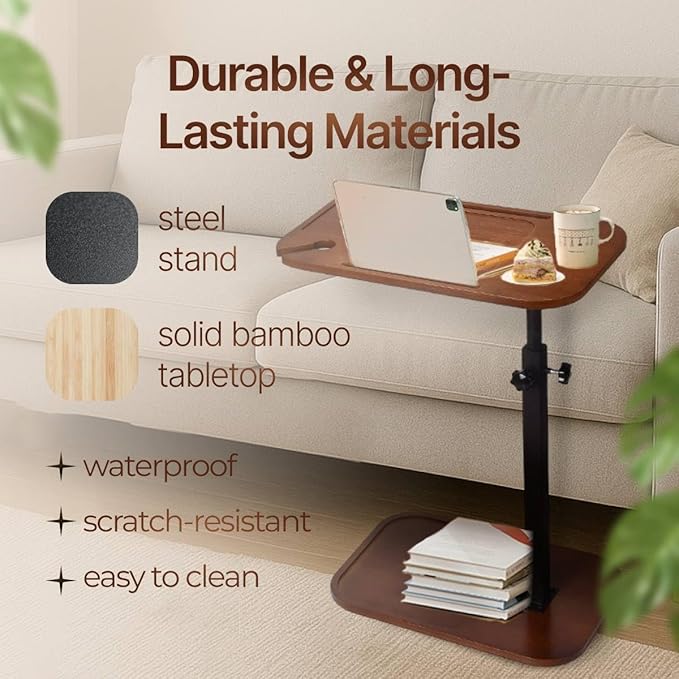 DAVIDOK C-Shaped Sofa End Table, Adjustable Height Couch Side Table with Device Slot, Brown Color with Black Metal Stand, Couch Table for Living Room, Bedroom