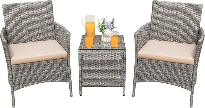 Greesum 3 Pieces Patio Furniture Sets Outdoor PE Rattan Wicker Chairs with Soft Cushion and Glass Coffee Table for Garden Backyard Porch Poolside, Gray and Beige