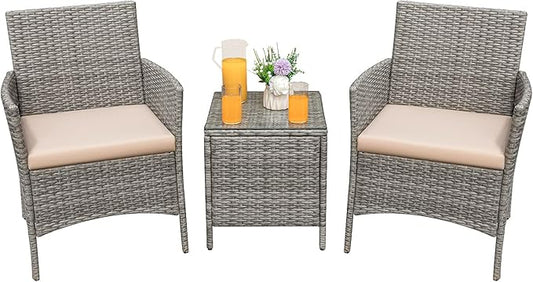 Greesum 3 Pieces Patio Furniture Sets Outdoor PE Rattan Wicker Chairs with Soft Cushion and Glass Coffee Table for Garden Backyard Porch Poolside, Gray and Beige