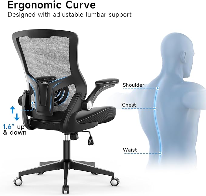 Office Chair Ergonomic Desk Chair 350lbs Comfy Mesh Computer Chair with Adjustable Lumbar Support Flip-up Armrests, Executive Rolling Swivel Comfy Task Chair for Home Office