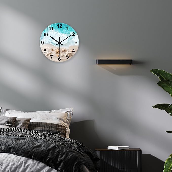 XNM Round Bedroom Clock Battery Operated 14 Inch Contemporary Blue Beach Wall Clock Silent Coastal Clocks for Walls
