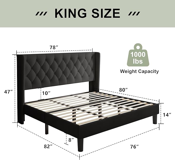 Feonase King Size Bed Frame with Wingback Tufted Headboard, Upholstered Platform Bed Frame with Heavy Duty Wooden Slats Support, Noise-Free, No Box Spring Needed, Easy Assembly, Black