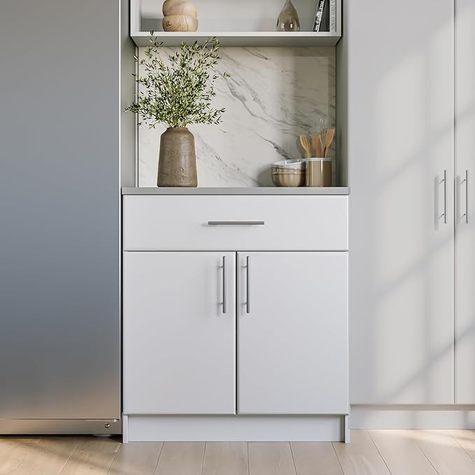 Prepac Elite 36" Tall Storage Cabinet with Doors and Shelves, Multipurpose Garage Cabinet with Large Drawer and Adjustable Shelf, Open Back Storage Furniture for Kitchen, Laundry Room, Garage, White