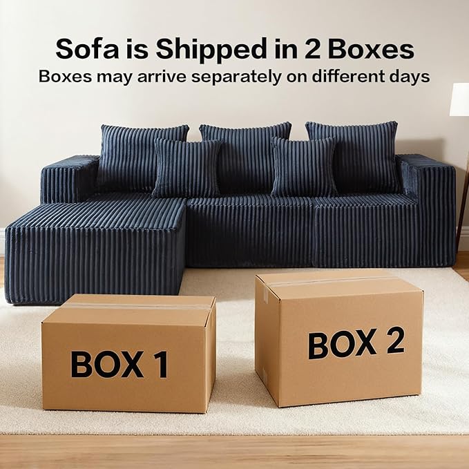 Boneless Sectional Sofa, 100.7" Cloud Sofa with Wide-Wale Corduroy, Deep Seat L Shaped Couch, All-Foam Filled Compressed Couch for Living Room (Black, Corduroy)