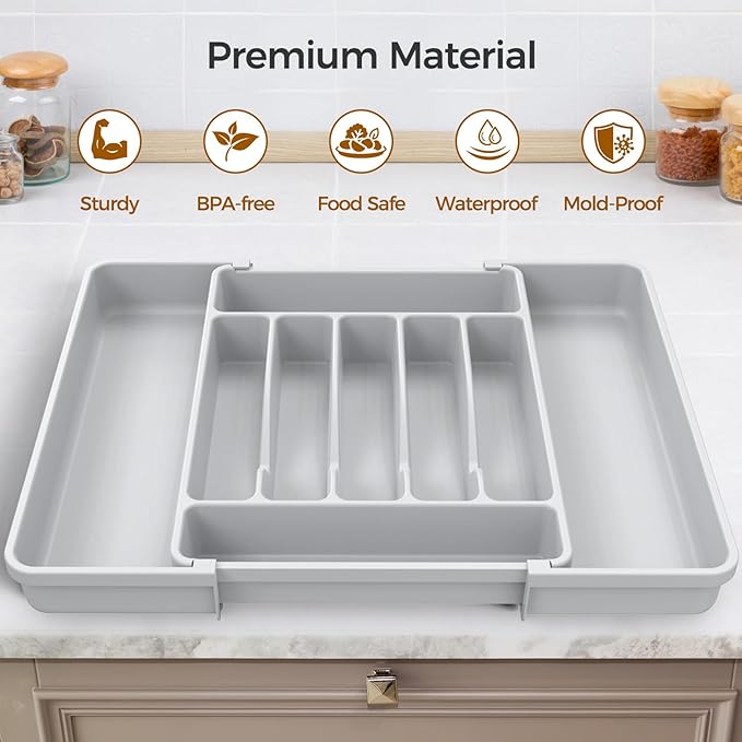 Extra Large Expandable Silverware Organizer, BPA-Free Food-Safe Cutlery Flatware Organizer, Kitchen Utensil Drawer Organizer, Adjustable Silverware Holder for Spoons Forks Knives, Gray
