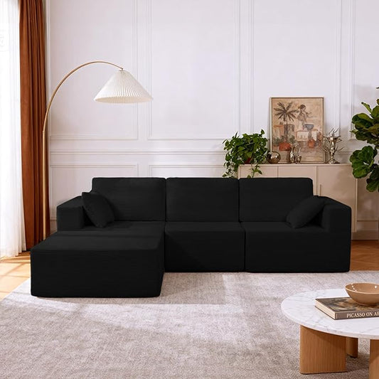 108” Modular Sectional Sofa Couch with Ottoman, 3-Seater Boneless Couch, L Shape Sectional Sofa Compressed Sofa for Living Room Bedroom, No Assembly Needed (Black, 3 Seats+1 Ottoman)