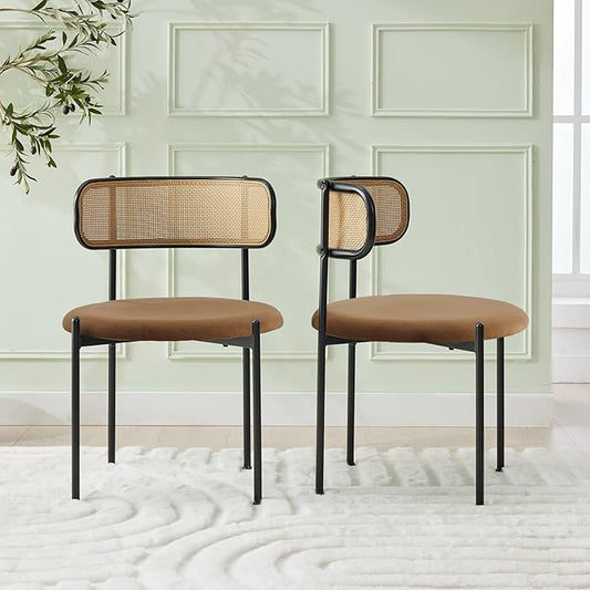 Rattan Dining Chairs Set of 2, Mid Century Modern Dining Chairs with Cane Back and Boucle Upholstered Seat, Farmhouse Kitchen Chairs for Dining Room and Living Room, Brown