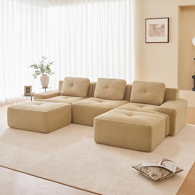 115" Modern Compressed Boneless Couch with Ottoman, 3 Seater Large U Shaped Sectional Couches for Living Room, Camel Corduroy Cloud Modular Sectional Sofa, Memory Foam, Extra Deep, No Assembly