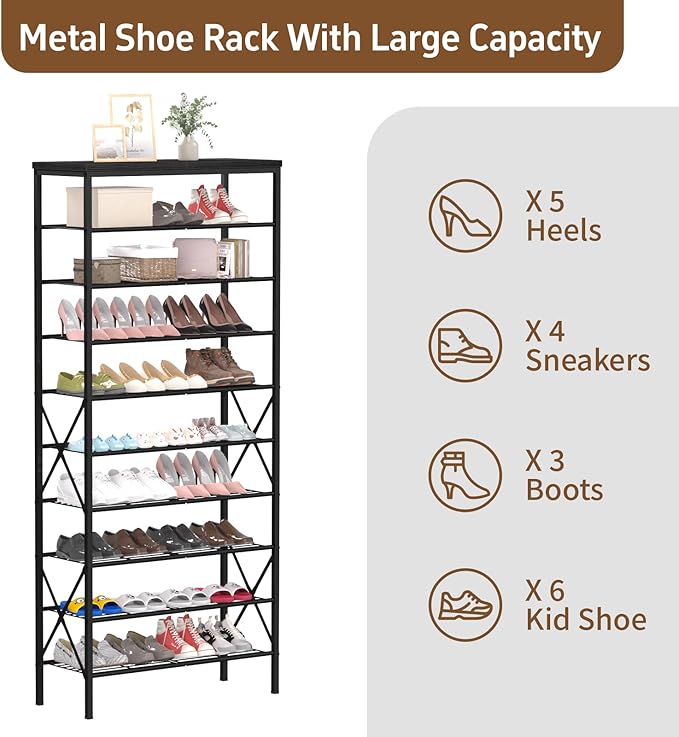 10 Tiers Shoe Storage Organizer, Large Capacity Shoe Shelf Holds 32 Pairs of Shoes,Black