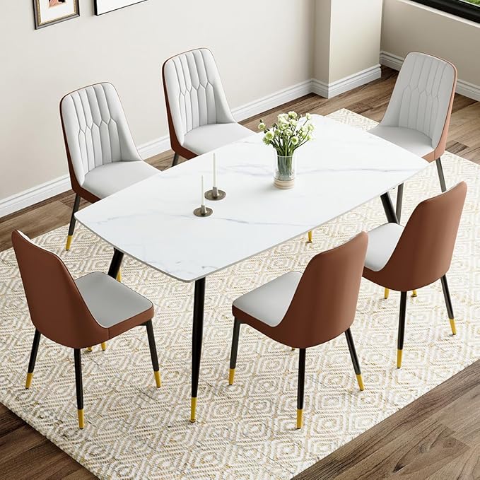 7 Piece Modern Dining Set, 62'' Sintered Stone Dinner Table for 6, Easy to Assemble