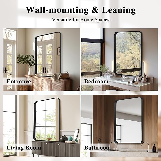 Wall Mirror 24" x 36" Black Metal Deep Frame for Bathroom, Living Room, Bedroom, Entryway - Decorative Rectangular Round Corner Mounted Vanity Mirror