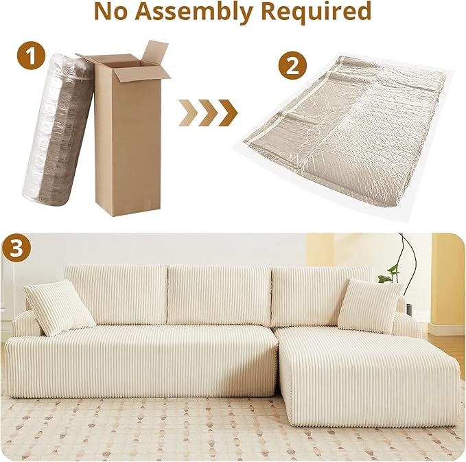 Sectional Cloud Couch for Living Room L Shaped Couch with 3 Seat Ind. Chaise Longue Corduroy Fabric Boneless Modular Modern Sofa with Pillows for Apartment and Small Space White