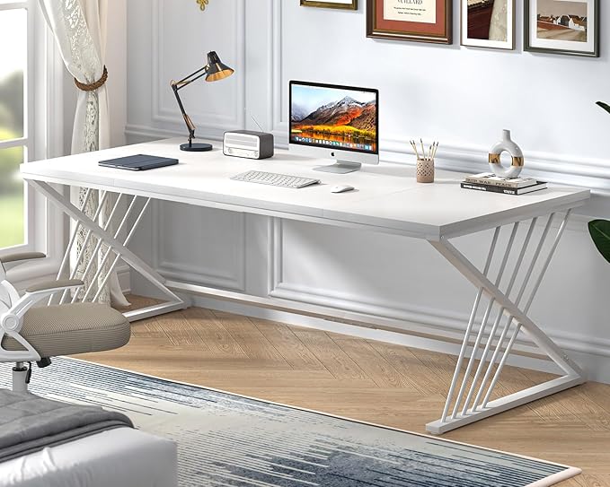 FOLUBAN 70.9" Modern Computer Desk with Z-Shaped Legs, Industrial Executive Home Office Desk for 2 Person, Large Writing Study Table for Bedroom, Gaming Workstation, White