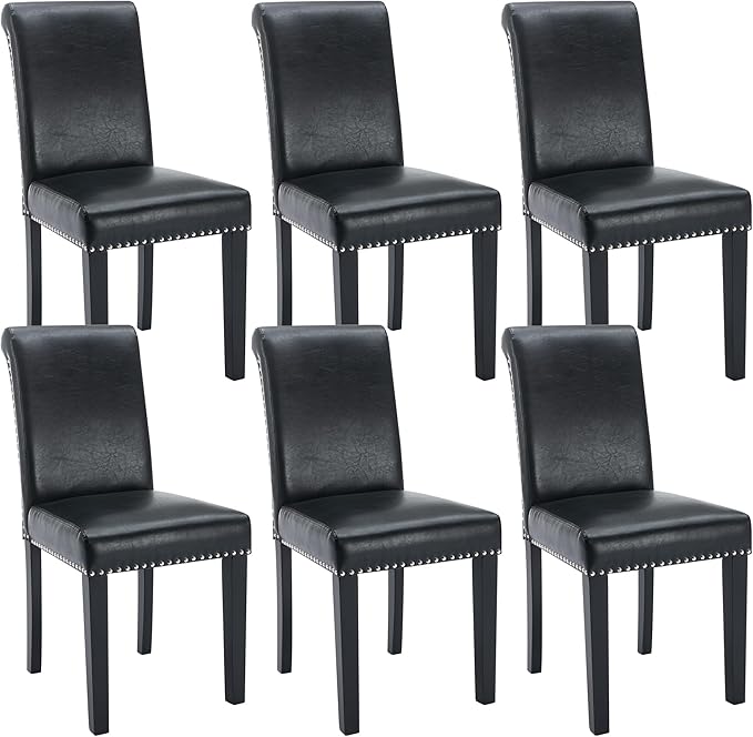 Westice Dining Room Chairs Set of 6 Upholstered PU Leather Kitchen Chairs Dining Room Side Chair with Nailhead Trim and Rubber Wood Legs for Small Space Apartment, Black