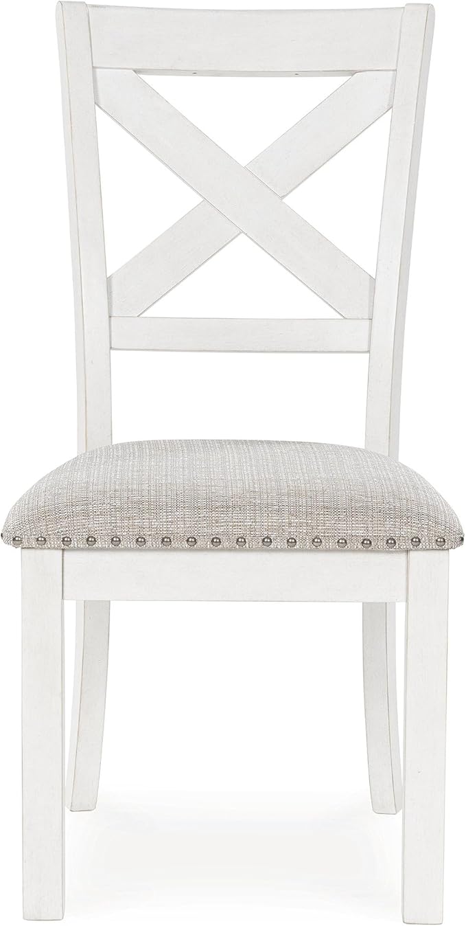 Signature Design by Ashley Robbinsdale Casual Upholstered Solid Wood Dining Chair with Nailhead Trim, Set of 2, White & Light Gray