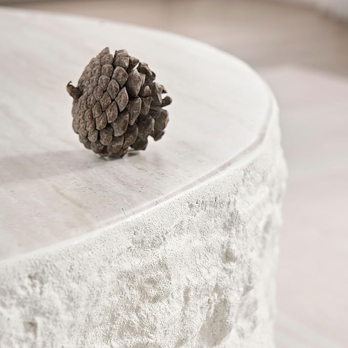 Round Coffee Table, 35.43" Fiberglass Imitation Stone Accent Table for Living Room, Bedroom, Apartment & Office, Beige, No Need Assembly