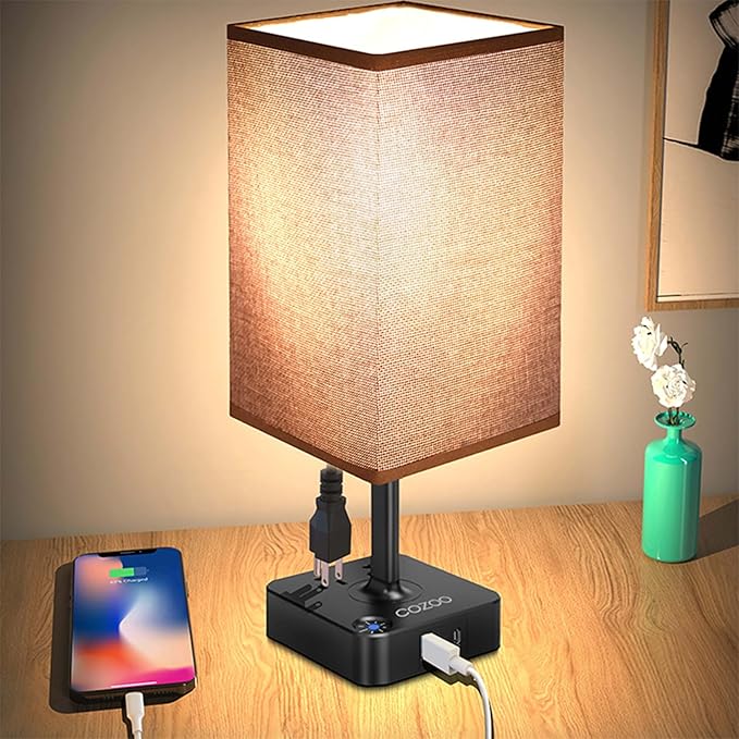 cozoo Bedroom Lamp Touch Control Bedside Table Lamp with USB C & USB A Charging Ports and 2 AC Outlets,Modern LED Desk Light with Charger Base Brown Fabric Shade for Bedroom/Nightstand/Office/Decor
