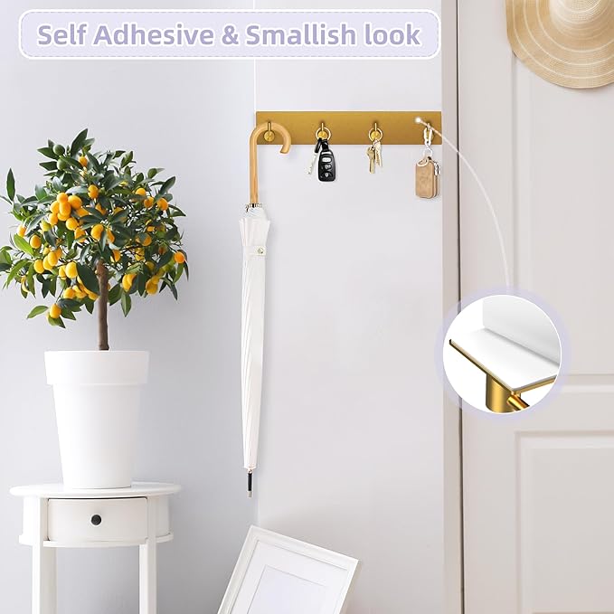 VIS'V Key Holder Wall Mount, Large Metal Self Adhesive Key Hanger with 4 Hooks, No Drilling, Extra Adhesive Strip, Gold