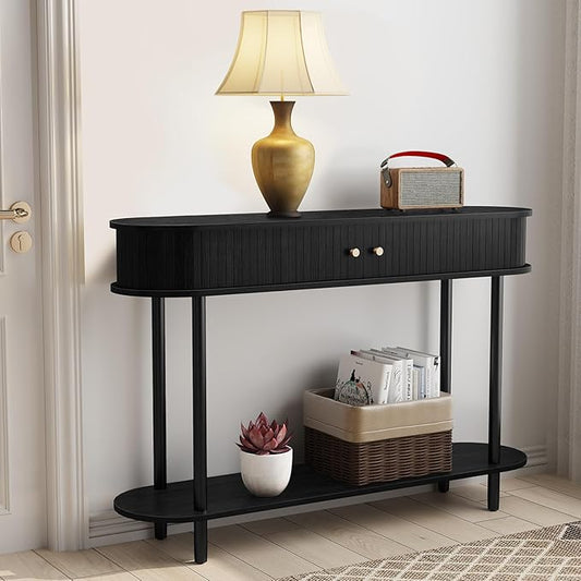 ARTPOWER Modern Entryway Table with Wood Tambour Door, Accent Behind Couch Sofa Console with Storage, Fluted Side Table for Hallway, Living Room, Foyer, Black