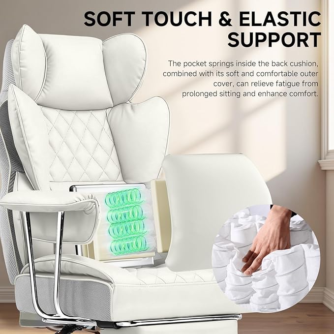 COMHOMA Big and Tall Office Chair, High Back Leather Gaming Chair with Footrest, Executive Ergonomic Office Chairs with Pocket Spring Lumbar Support and with Outward Fixed Soft Armrests