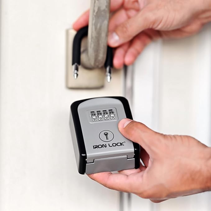 Iron Lock® Key Lock Box Portable with U-Shackle – Small Waterproof Heavy-Duty Metal Safe with 4-Digit Combination for Spare Keys Outside on Door Knob, Fence, or Gate (Grey, Small)
