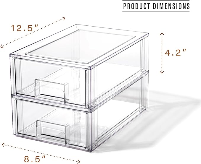 BINO | Stackable Storage Drawers, Small - 2 Pack, Clear | THE CRATE COLLECTION | Storage Bins With Drawers | Bathroom Organizers | Under Sink Organizer | Vanity Cabinet Home Organization
