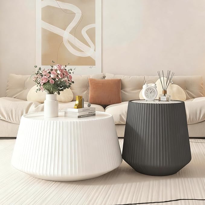 Round Coffee Table Set with Sintered Stone Tabletop, 26.77" White Drum Center Table and 19.68" Grey Coffee Table Set, 2 Pieces Living Room Table Set with Fluted PU Leather Cover& Stable Base