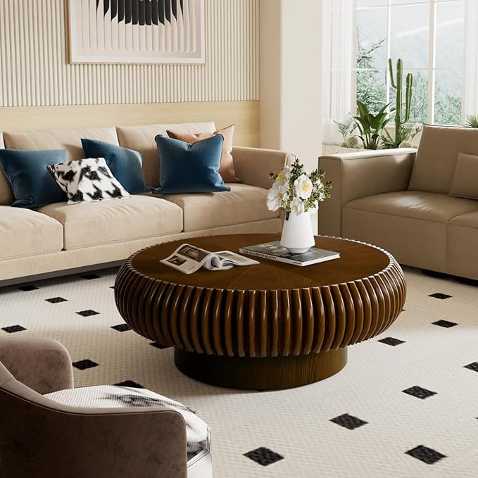 Round Fluted Coffee Table Modern Handcraft Drum Coffee Table with Sturdy Pedestal 31.5" Farmhouse Center Table Tea Table for Living Room, Reception Room, Entertainment Room (Walnut 31.5 inch)