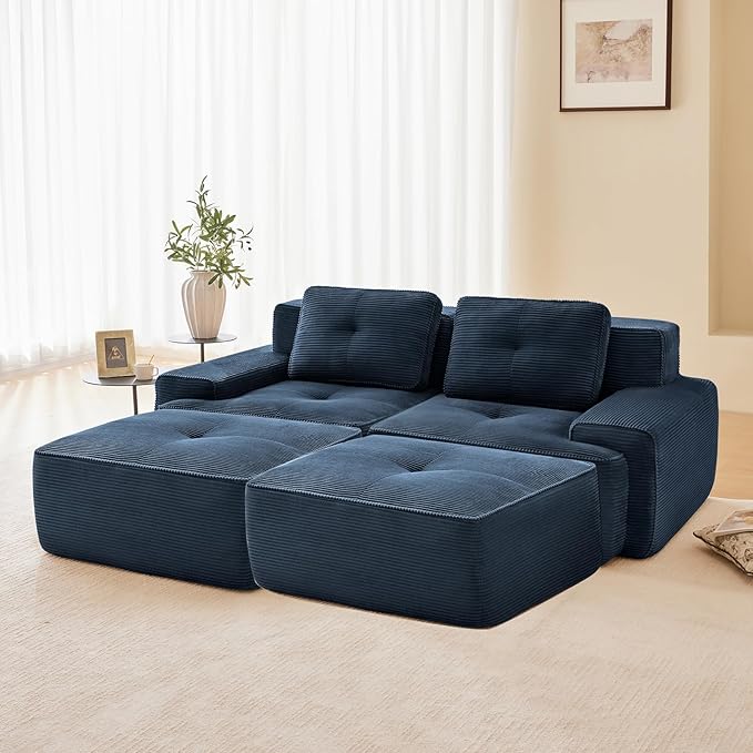 80" Modern Compressed Boneless Love Seat Couches with 2 Ottomans, 2 Seater Large Sectional Couches for Living Room, Blue Corduroy Cloud Modular Sectional Sofa, Memory Foam, Deep Loveseat, No Assembly