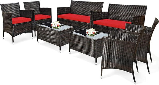 Tangkula 8 PCS Patio Rattan Conversation Set, Outdoor Wicker Furniture Set with Tempered Glass Coffee Table &Thick Cushion, Rattan Chair Wicker Set for Garden, Lawn, Poolside and Backyard (2, Red)