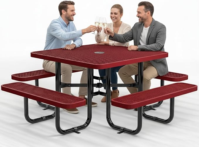 Metal Picnic Tables for Outdoors with Umbrella Hole - Coated Steel Heavy Duty Commercial Grade Furniture with Adjustable Seats (Red, 46 in, Square, Expanded Steel)