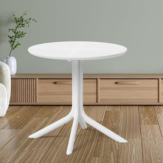 Costaelm Small Patio Table, Outdoor Round Dining Table, Weather Resistant Outside Table for Poolside Deck Lawn Garden Backyard, White