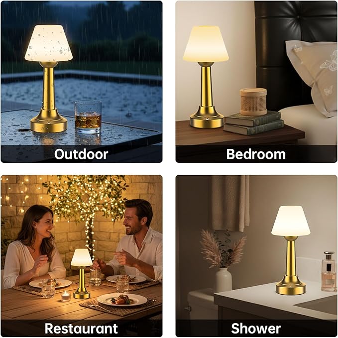 Cordless Table Lamp, Rechargeable Touch LED Lamp with 3 Color Temps & Stepless Dimming, Portable Battery Operated Light for Bathroom, Shower, Bedroom, Patio, Indoor/Outdoor Use, IP65 Waterproof